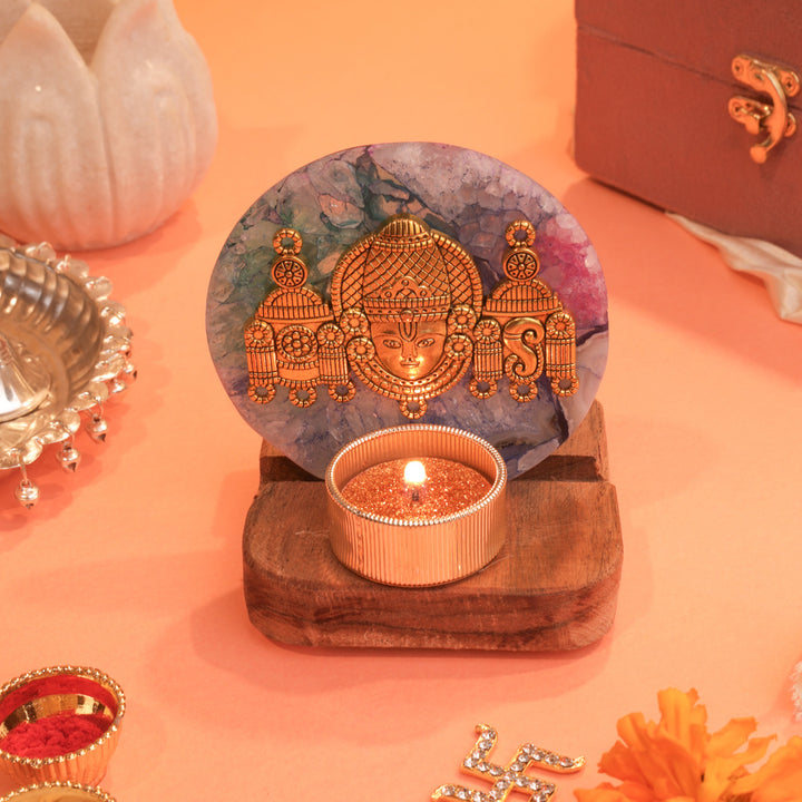 Multicolor Agate Venkateshwar Wooden Tealight Holder