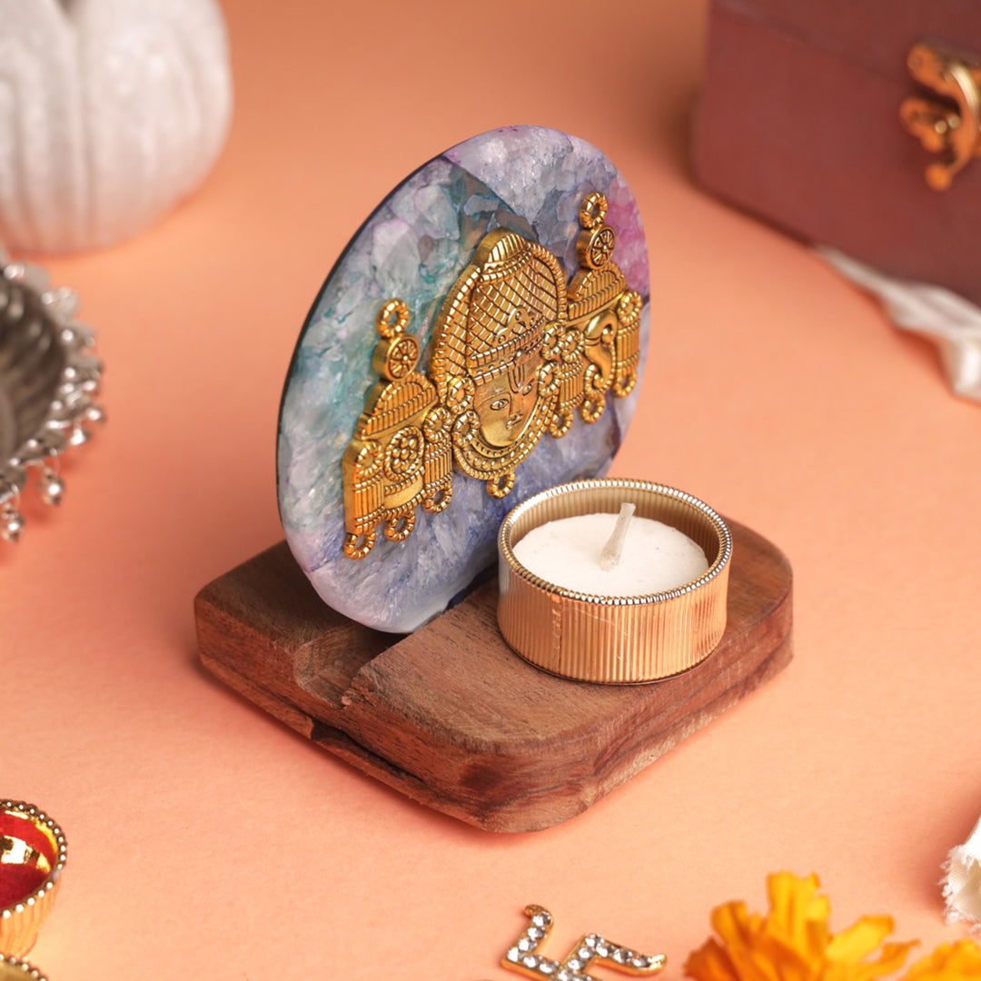 Multicolor Agate Venkateshwar Wooden Tealight Holder