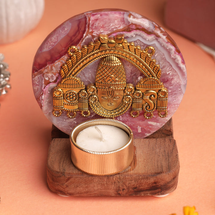 Pink Agate Venkateshwar Wooden Tealight Holder