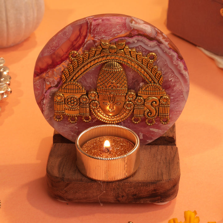 Pink Agate Venkateshwar Wooden Tealight Holder