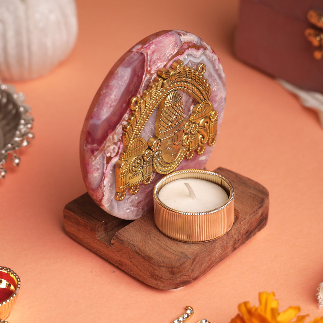 Pink Agate Venkateshwar Wooden Tealight Holder