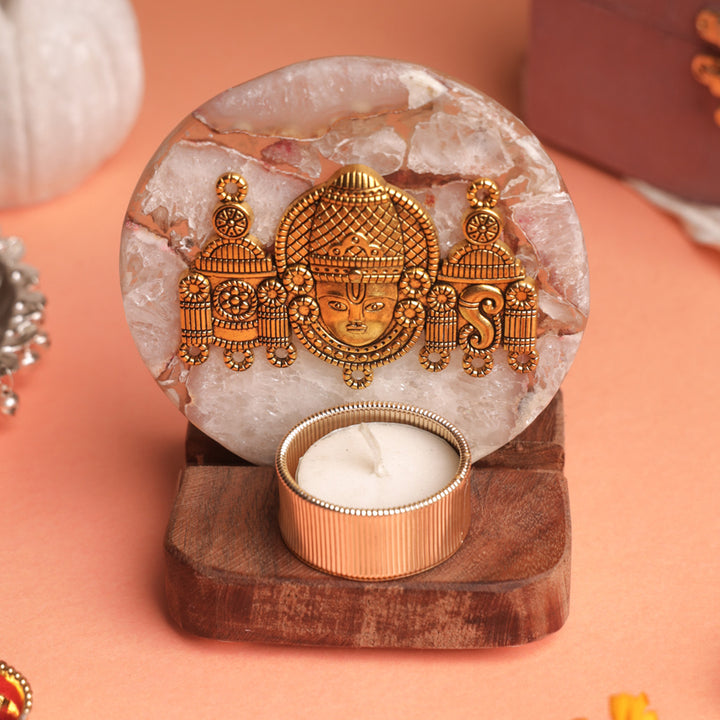 White Agate Venkateshwar Wooden Tealight Holder