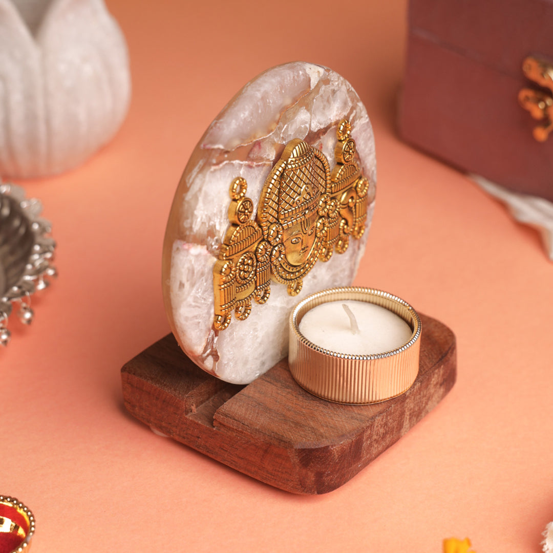 White Agate Venkateshwar Wooden Tealight Holder