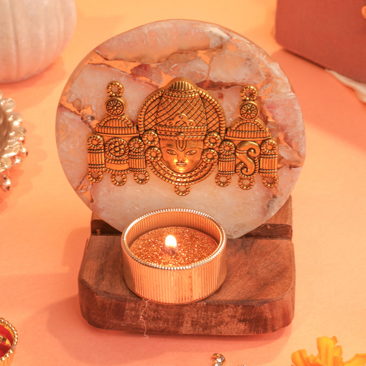 White Agate Venkateshwar Wooden Tealight Holder