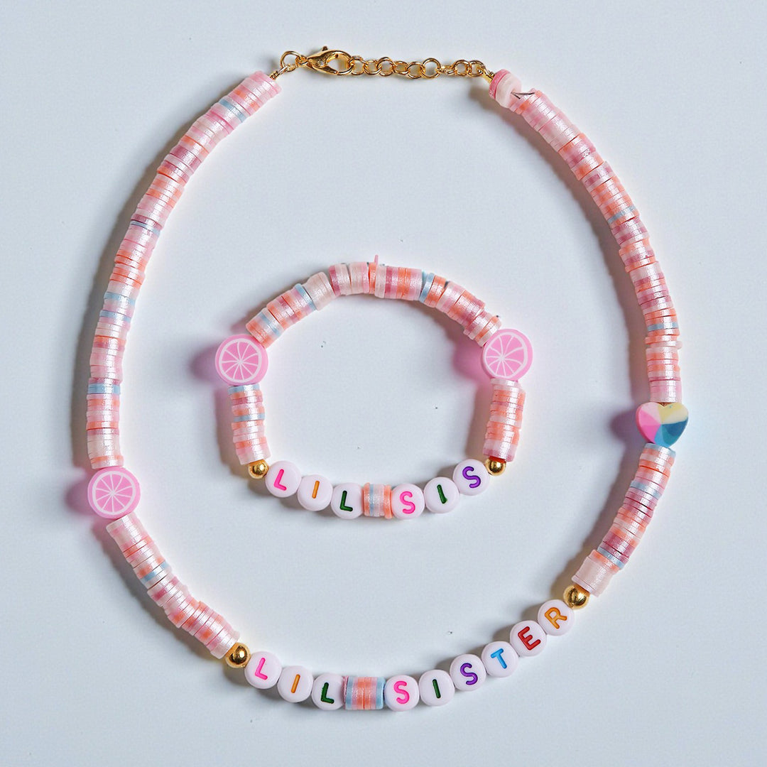 2 Pc | Personalized Pink Beaded Necklace & Bracelet Set For Girls