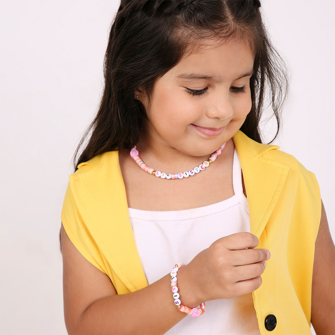 2 Pc | Personalized Pink Beaded Necklace & Bracelet Set For Girls