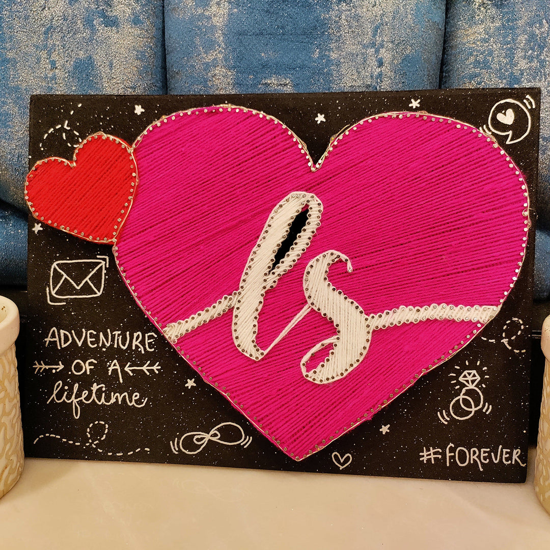 Personalized String Art Adventures With Hearts Mdf Wood Name Plate For Couples - Front View on Tabletop Display