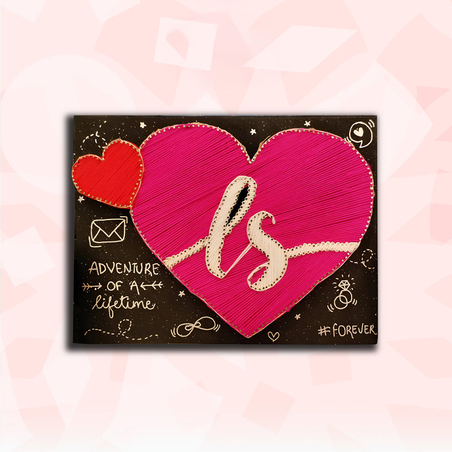 Personalized String Art Adventures With Hearts Mdf Wood Name Plate For Couples - Front View with Personalization Example