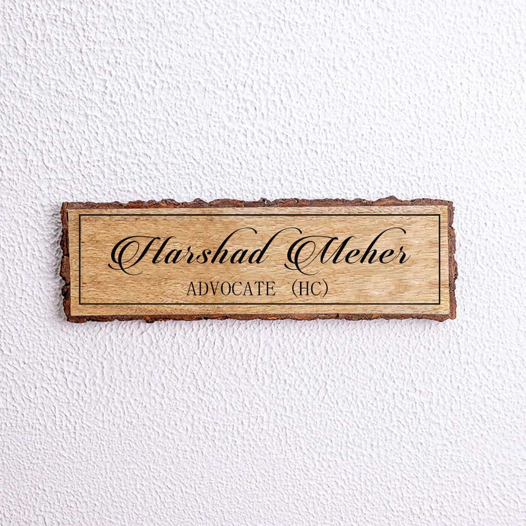 Handcrafted Mango Wood Personalized Name Plate For Advocate - Front View of Wall-Mounted Nameplate