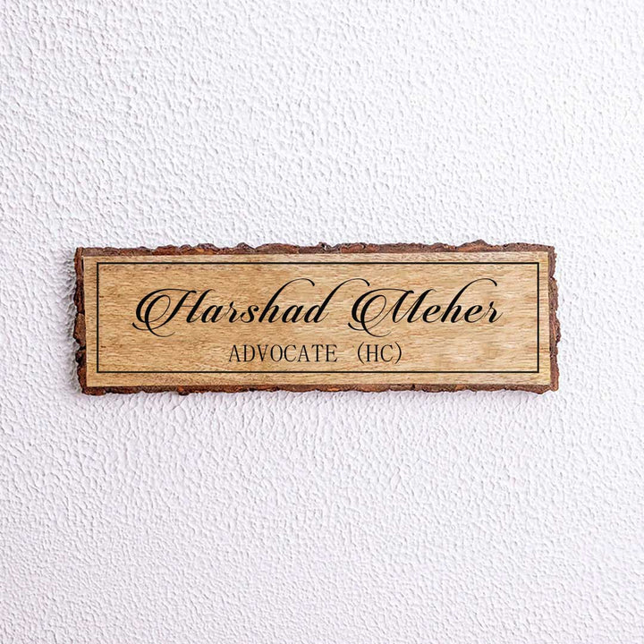 Handcrafted Mango Wood Personalized Name Plate For Advocate - Front View of Wall-Mounted Nameplate
