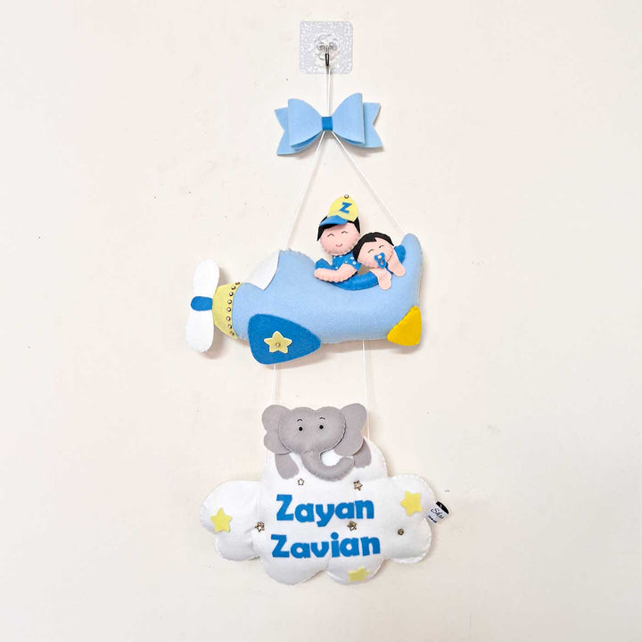 Personalized Aeroplane Themed Felt Kids Name Plate For Siblings - Hanging Display with Personalization