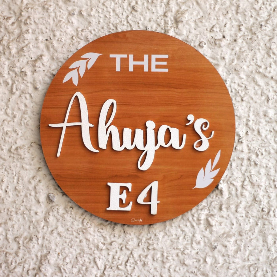 Personalized Printed Pine Wood Textured Family Mdf Wood Name Plate With 3D Letters - Front View Mounted on Wall