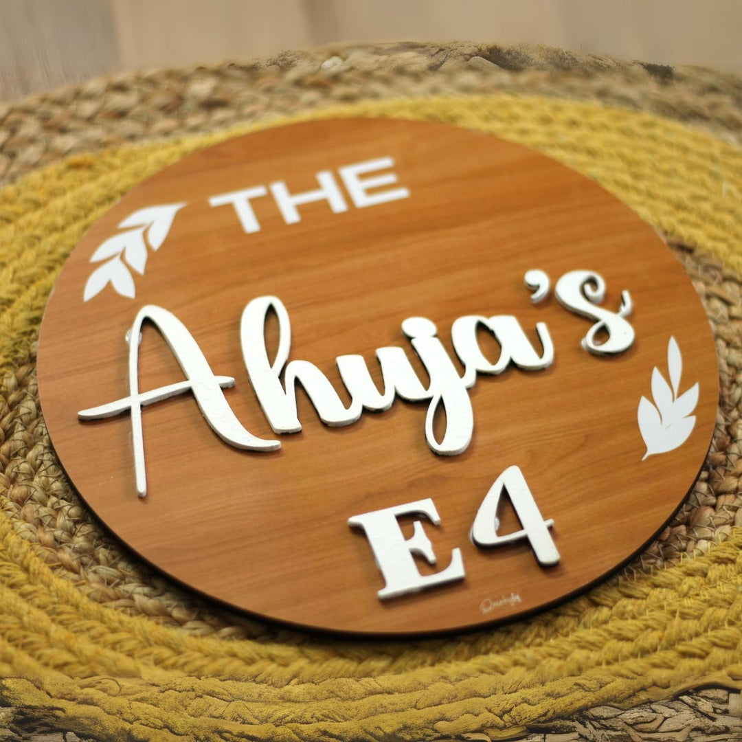 Personalized Printed Pine Wood Textured Family Mdf Wood Name Plate With 3D Letters - Top Angle on Surface Placement