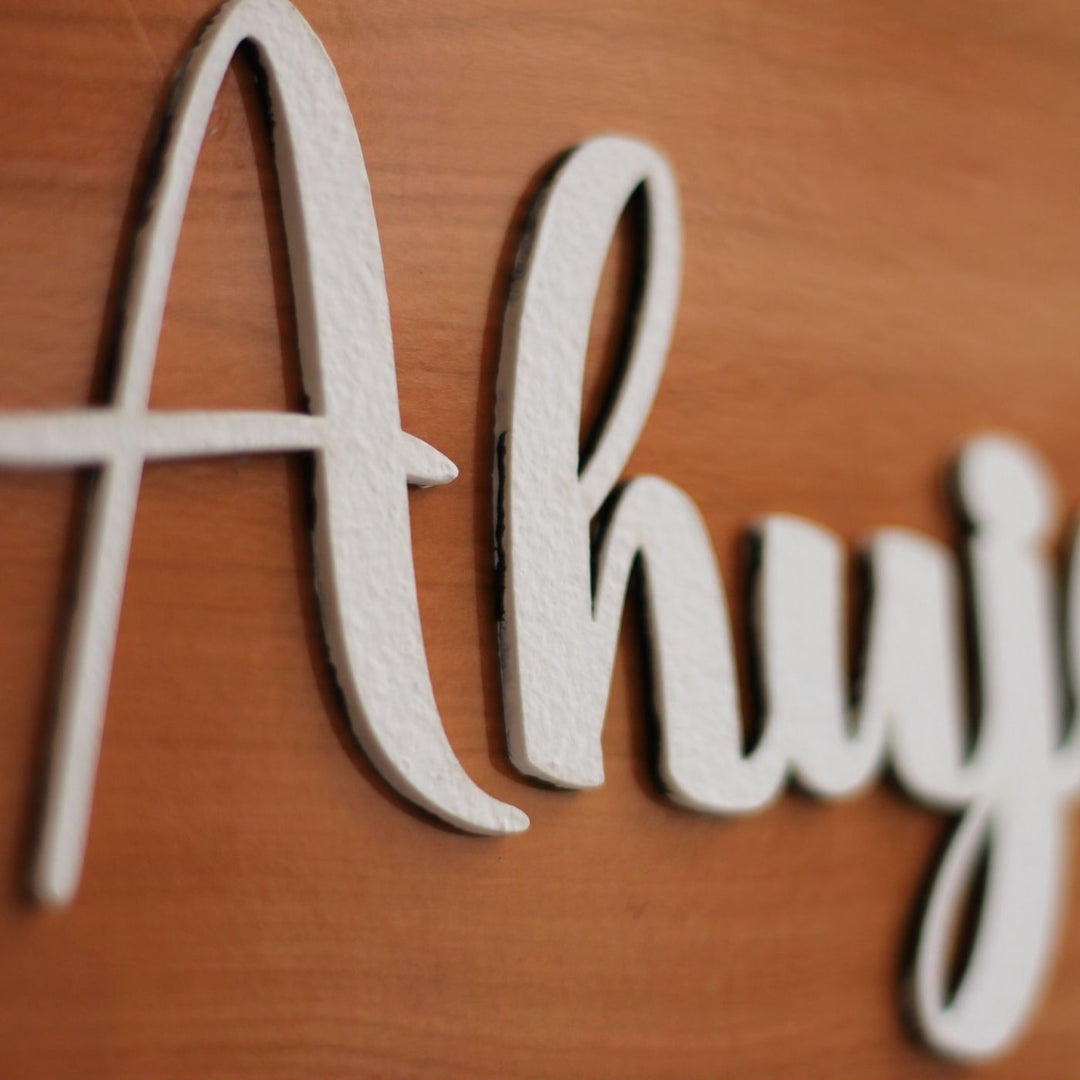 Personalized Printed Pine Wood Textured Family Mdf Wood Name Plate With 3D Letters - Side Angle Showing Depth