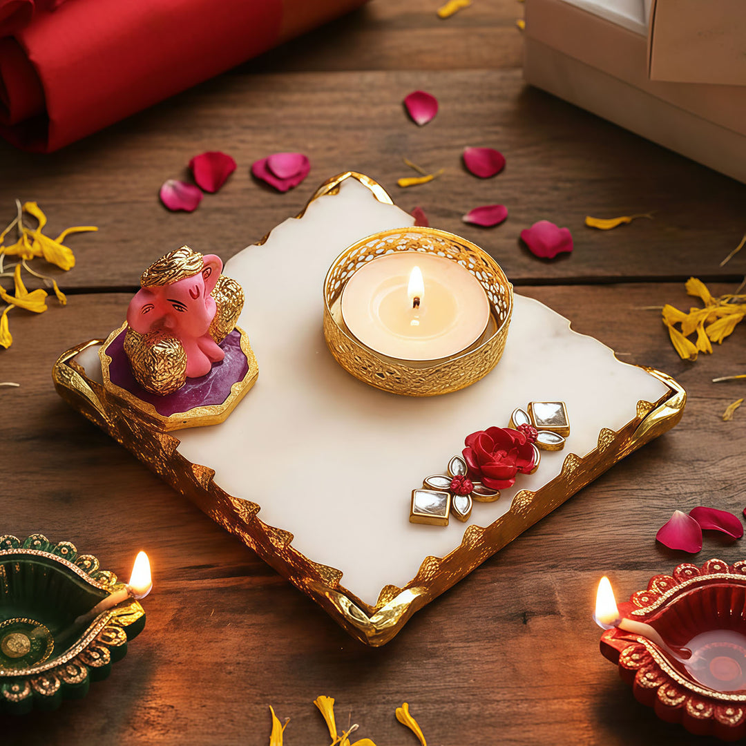 Handmade Pink Ganesha With Marble Pooja Chowki And Tea Light Holder