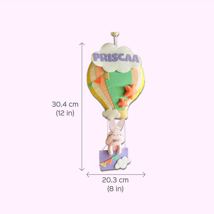 Personalized Felt Bunny Parachute Theme Nameplate For Siblings - Dimension Chart with Hanging View