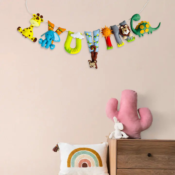 Handcrafted Personalized Animal Safari Themed Bunting For Kids - Hanging Name Garland on Wall