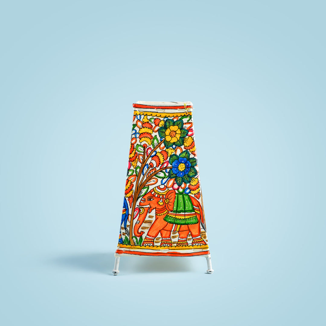 9 inch | Bright Elephant Hand Painted Tholu Bommalata Medium Tabletop Lamp