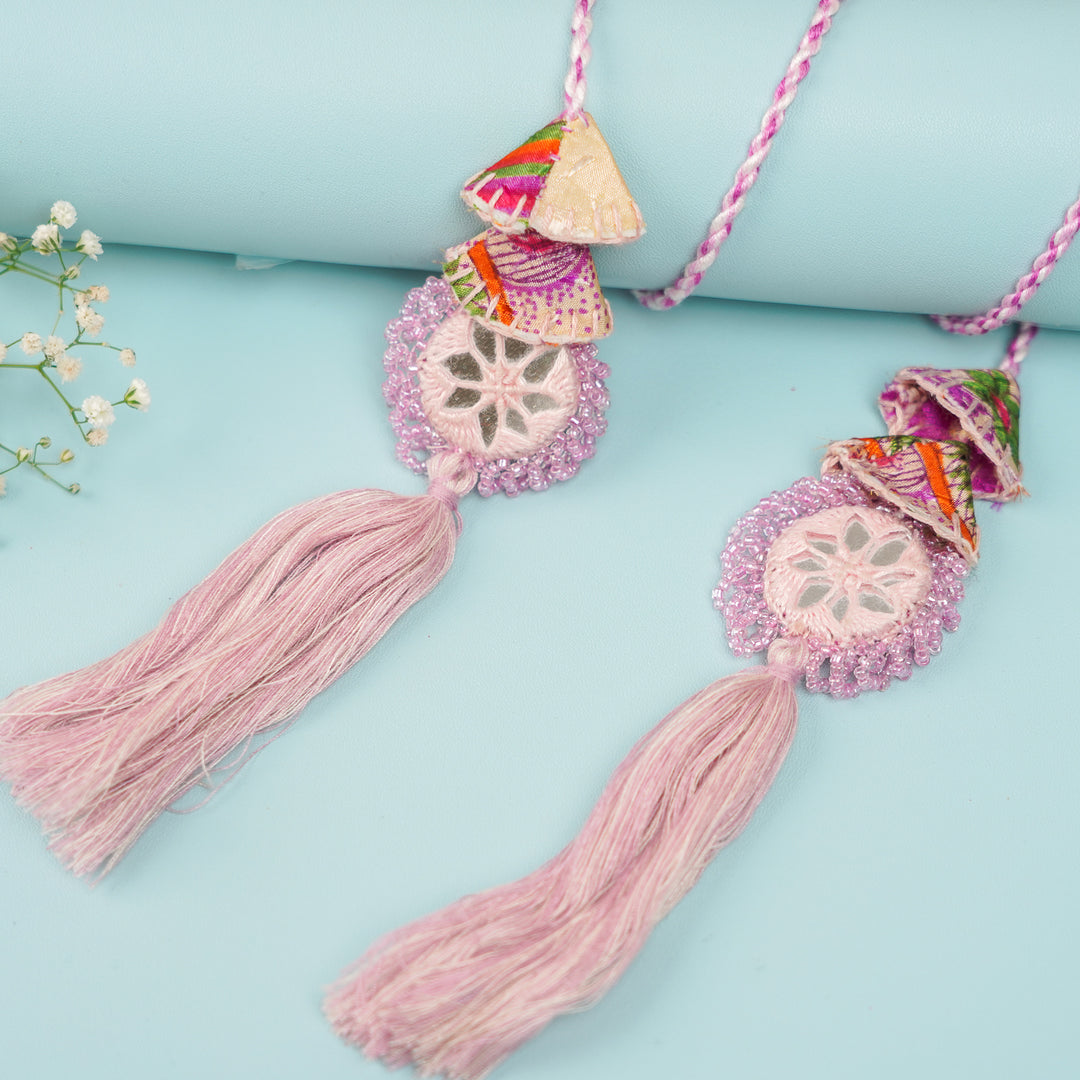 Handmade Reusable Lavender Mirror And Jhumki Rakhi For Bhabhi - Close-up Detail View