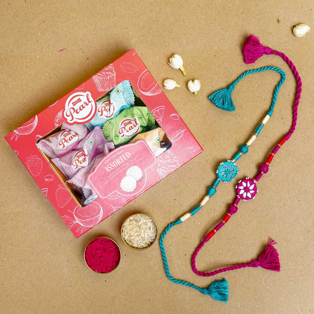 Handmade Mirror Work Patwa Turquoise Blue Pink Cotton Rakhi With Roli Chawal Set Of 2 - Gift box with Rakhis and items
