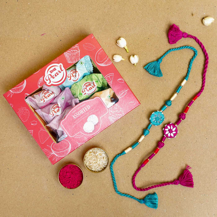 Handmade Mirror Work Patwa Turquoise Blue Pink Cotton Rakhi With Roli Chawal Set Of 2 - Gift box with Rakhis and items
