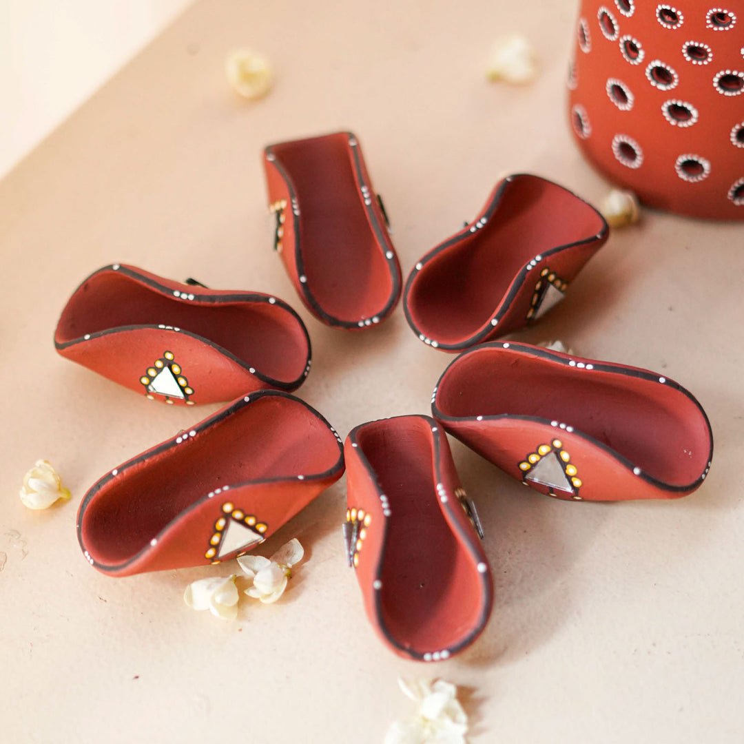 Set Of 10 | Hand-Painted Brown Chapti Terracotta Oil Lamp / Diya