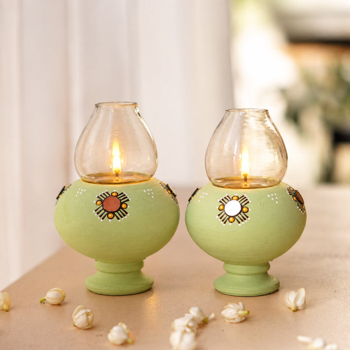 Handmade Light Green Terracotta Oil Lamp / Diya | Set Of 2