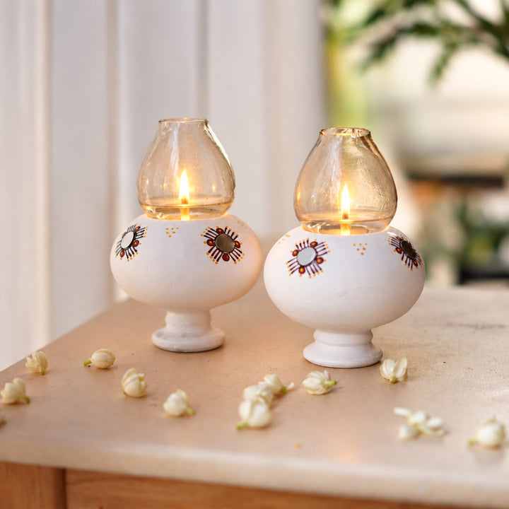 Handmade White Terracotta Oil Lamp / Diya | Set Of 2