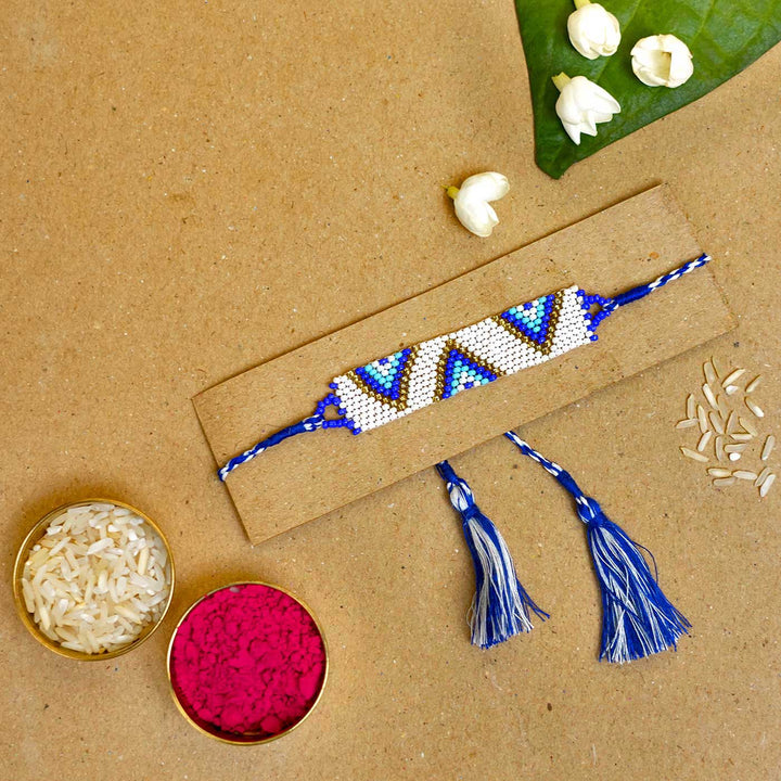 Handmade Beaded Evil Eye Elegance Rakhi With Roli Chawal - Bracelet on Display Card with Decor