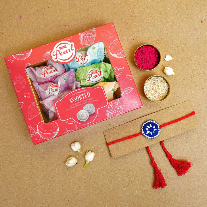 Handmade Mirror Work Kajal Blue Red Rakhi With Roli Chawal - Rakhi gift box with sweets