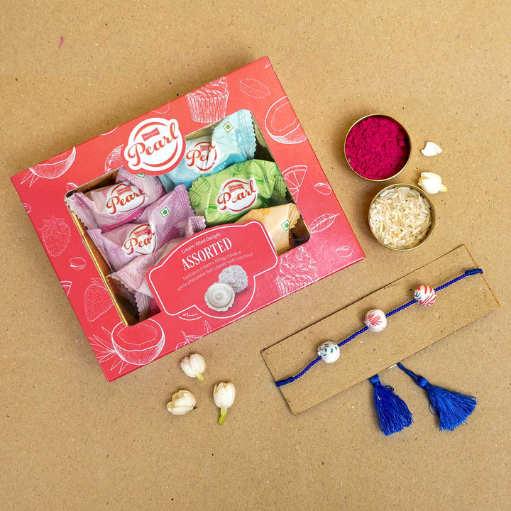 Handmade Shweth Potli Upcycled Fabric Rakhi With Roli Chawal - Bracelet with gift box