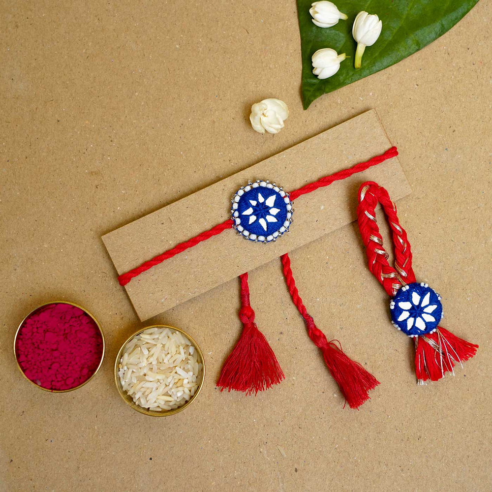 Handmade Mirror Work Kajal Blue Red Bhaiya Bhabhi Rakhi With Roli Chawal Set Of 2 - Rakhis Display with Pooja Items