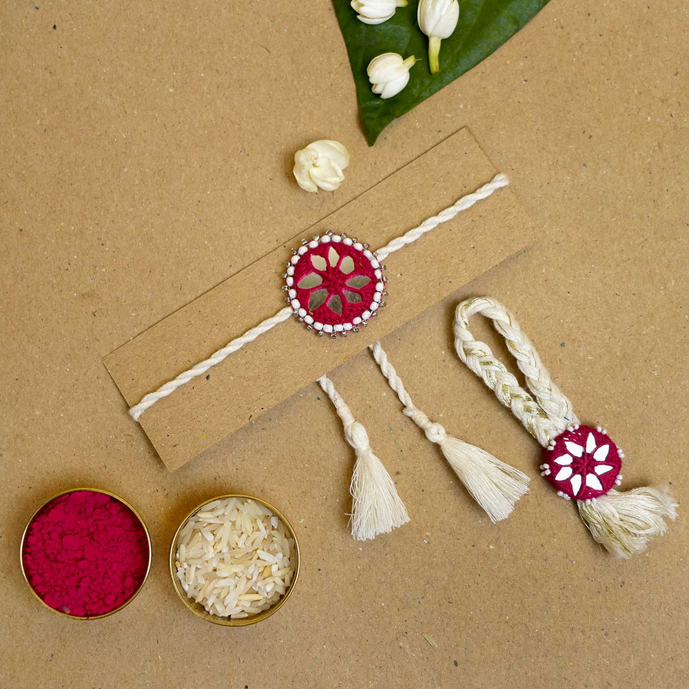 Handmade Mirror Work Kajal Maroon White Bhaiya Bhabhi Rakhi With Roli Chawal Set Of 2 - Rakhi with Rice and Kumkum