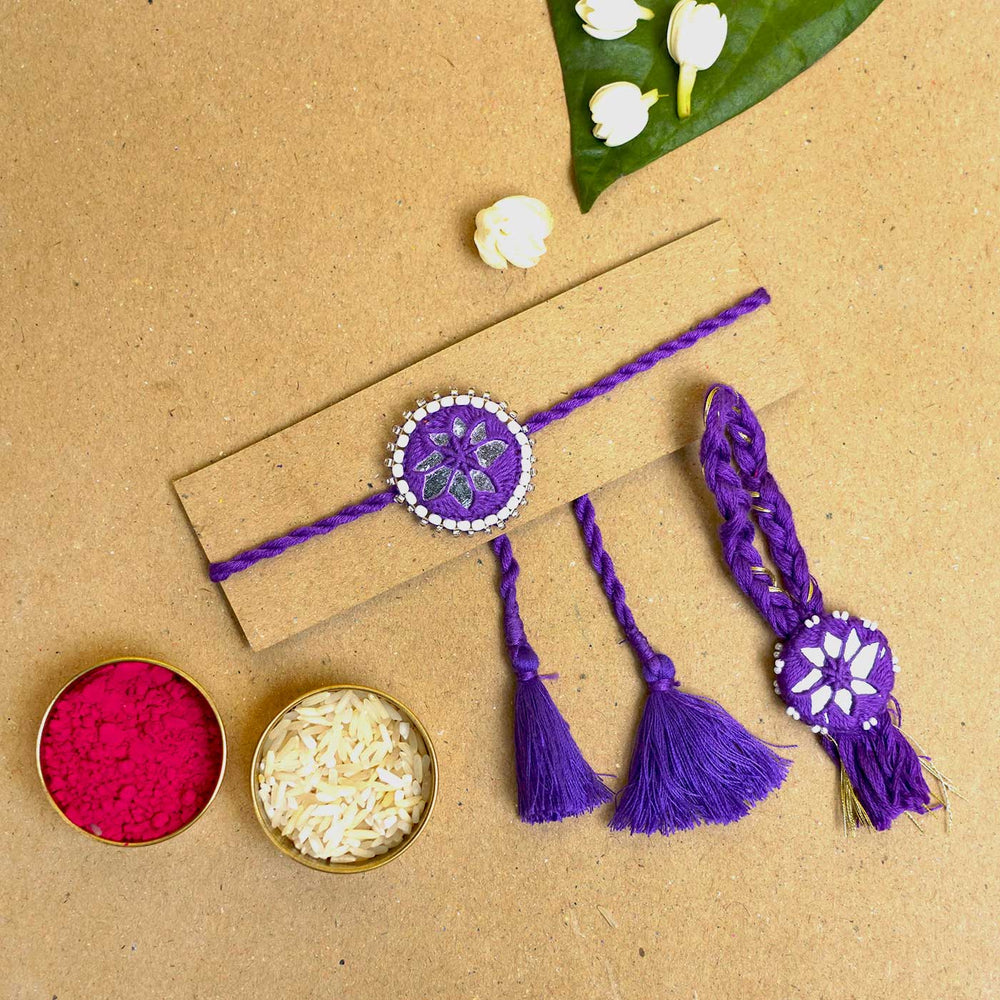 Handmade Mirror Work Kajal Purple Bhaiya Bhabhi Rakhi With Roli Chawal Set Of 2 - Rakhi Set with Pooja Items