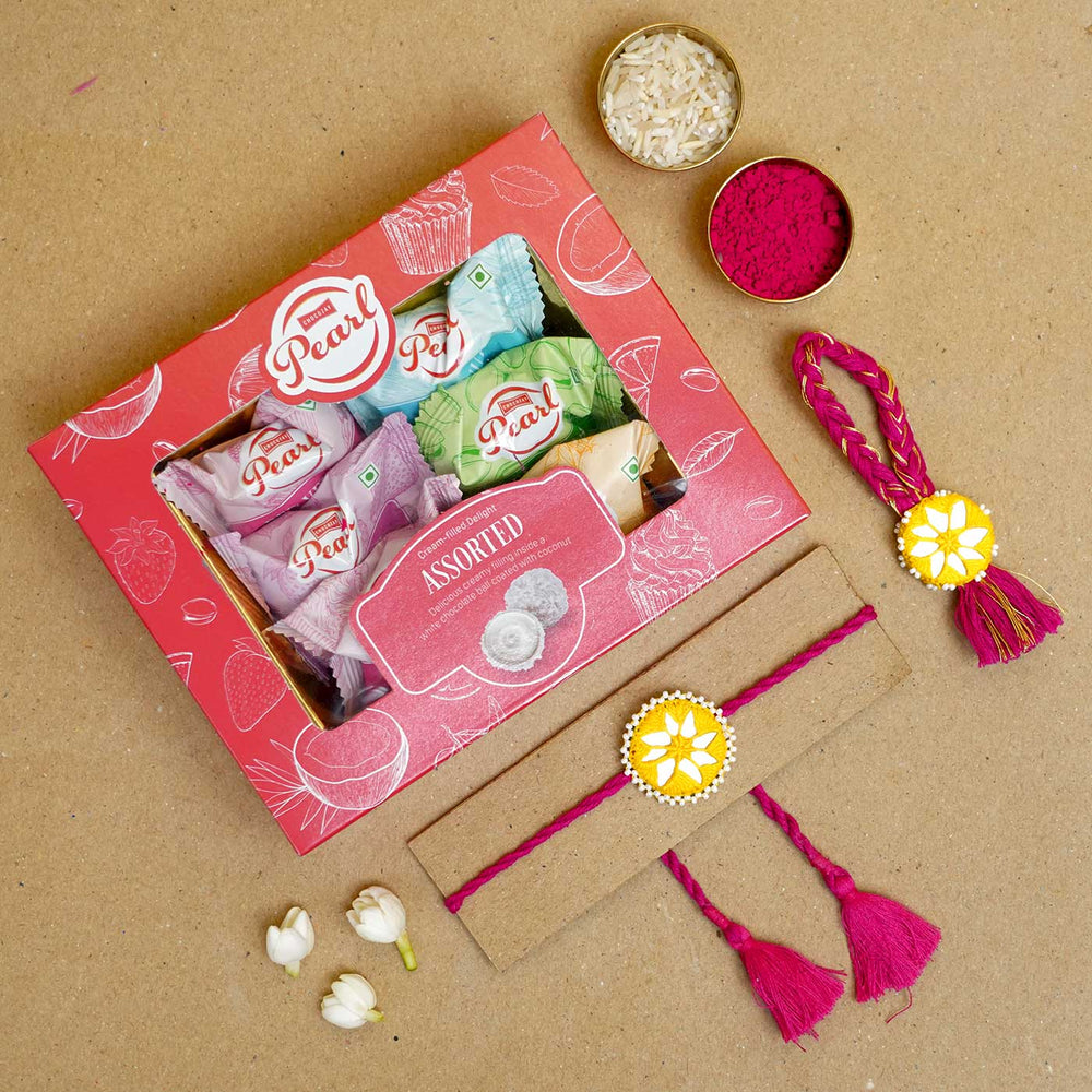 Handmade Mirror Work Kajal Yellow Red Bhaiya Bhabhi Rakhi With Roli Chawal Set Of 2 - Rakhi Set with Sweets Box
