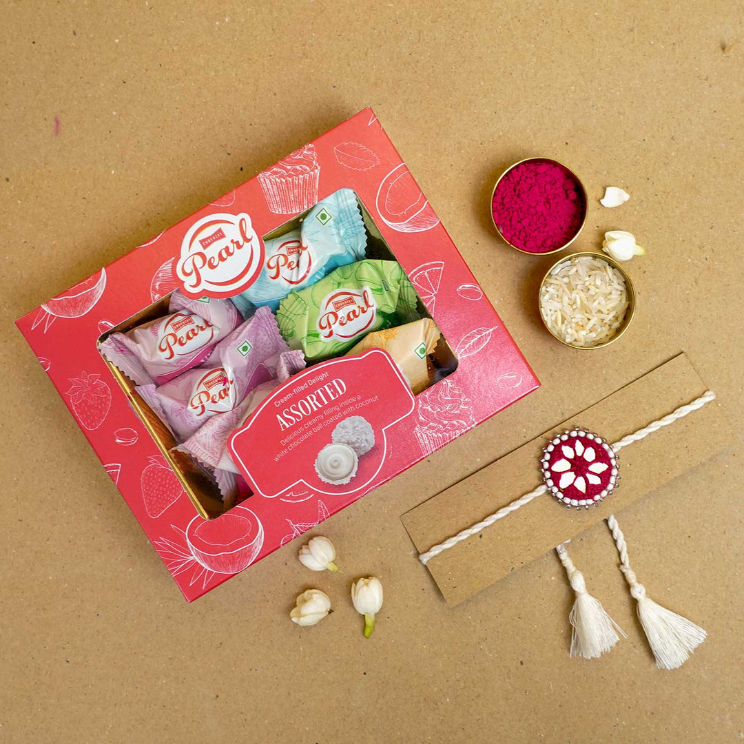 Handmade Mirror Work Kajal Maroon White Cotton Rakhi With Roli Chawal - Rakhi with sweets gift box