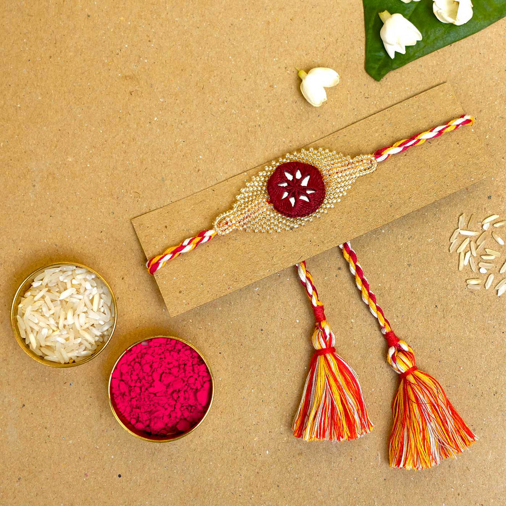 Handmade Beaded Elegance Rakhi With Roli Chawal - Rakhi with traditional items display