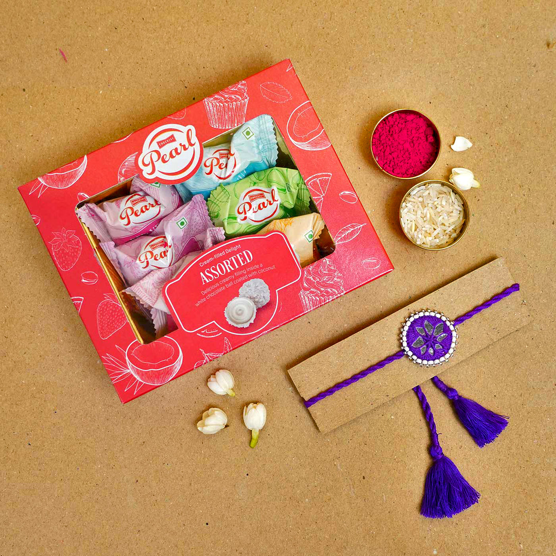 Handmade Mirror Work Kajal Purple Rakhi With Roli Chawal - Rakhi with gift box and accessories