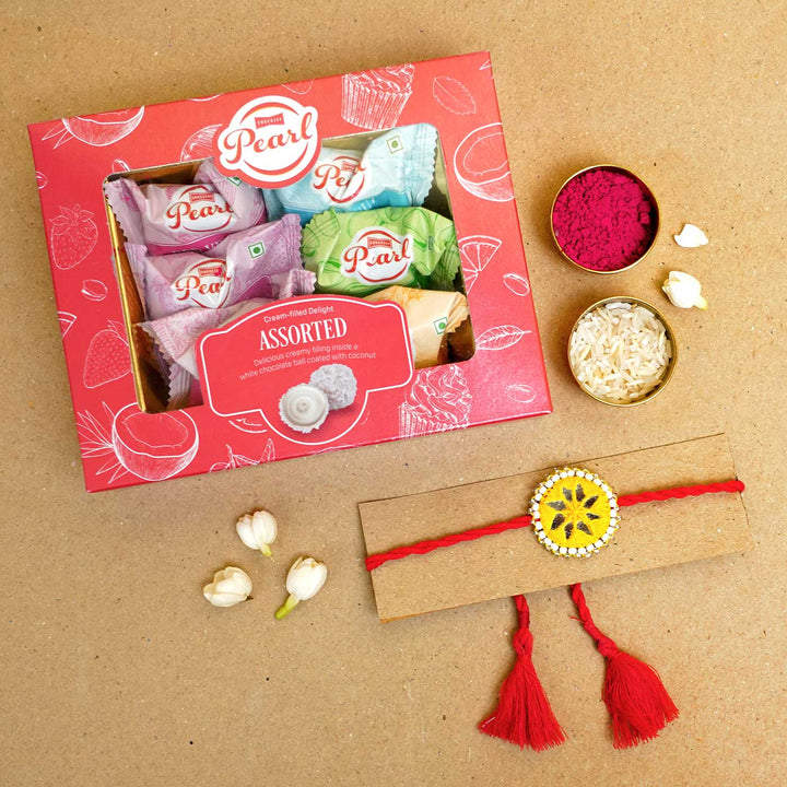 Handmade Mirror Work Kajal Yellow Red Rakhi With Roli Chawal - Rakhi with sweets and accessories