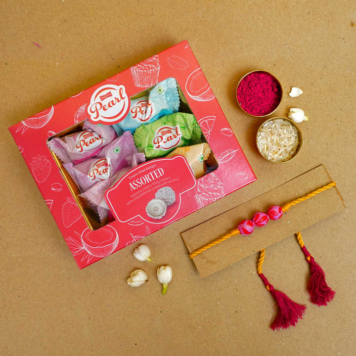 Handmade Ochre Upcycled Fabric Rakhi With Roli Chawal - Duo Gift Set with Snacks