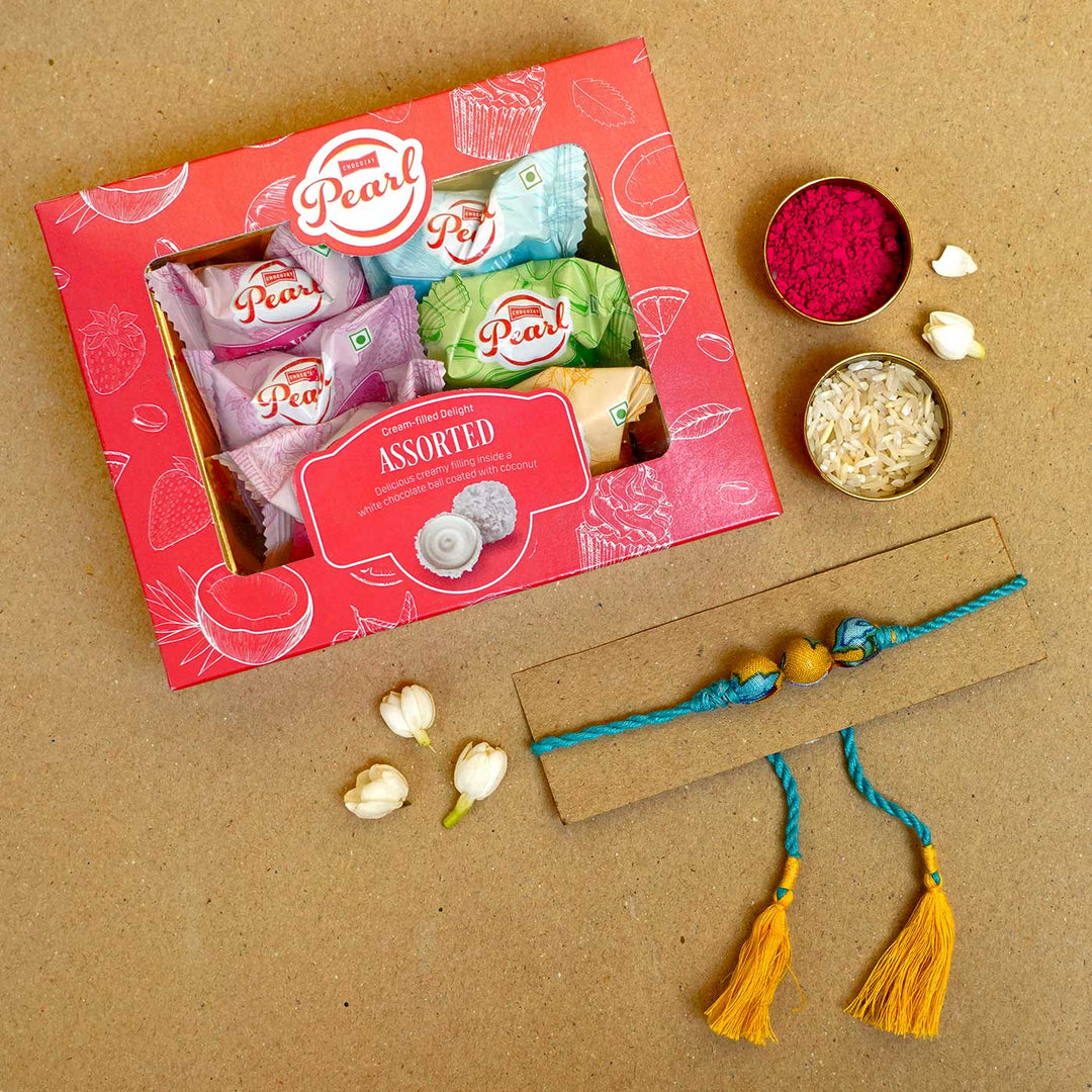 Handmade Turquoise Upcycled Fabric Rakhi With Roli Chawal - Thread with Gift Box Arrangement
