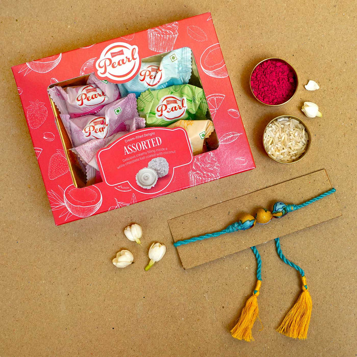 Handmade Turquoise Upcycled Fabric Rakhi With Roli Chawal - Thread with Gift Box Arrangement