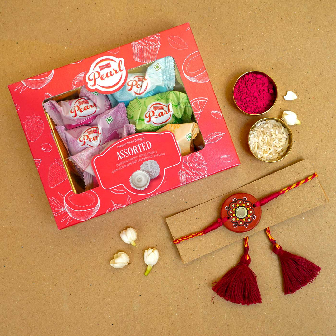 Hand Painted Dharti Terracotta Rakhi With Roli Chawal - Rakhi with sweets and traditional items