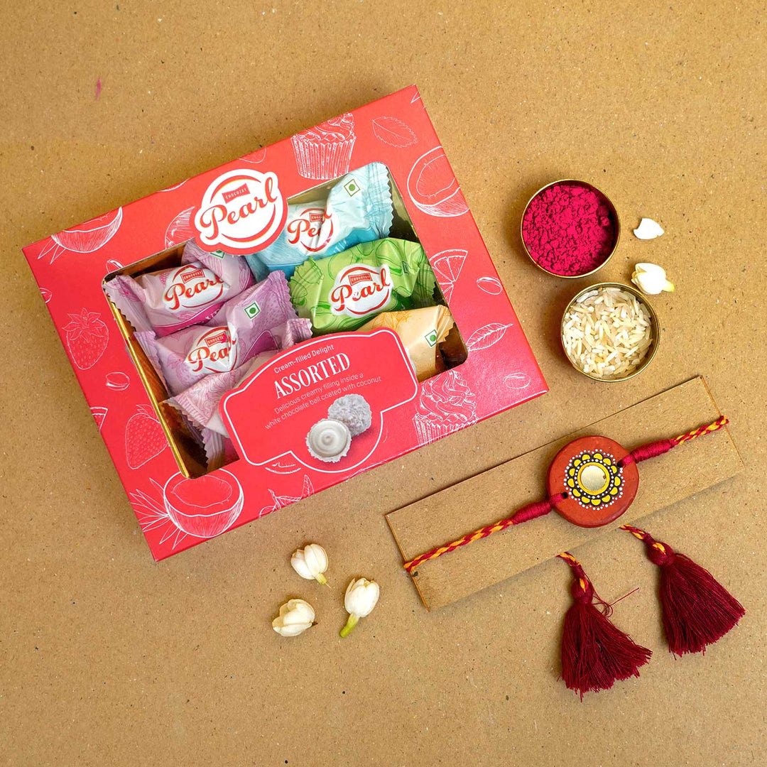 Hand Painted Suraj Terracotta Rakhi With Roli Chawal - Rakhi with sweet box arrangement