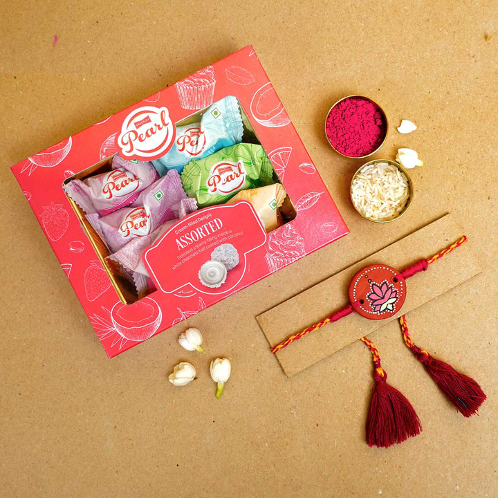 Hand Painted Kamal Terracotta Rakhi With Roli Chawal - Bracelet with sweets gift set