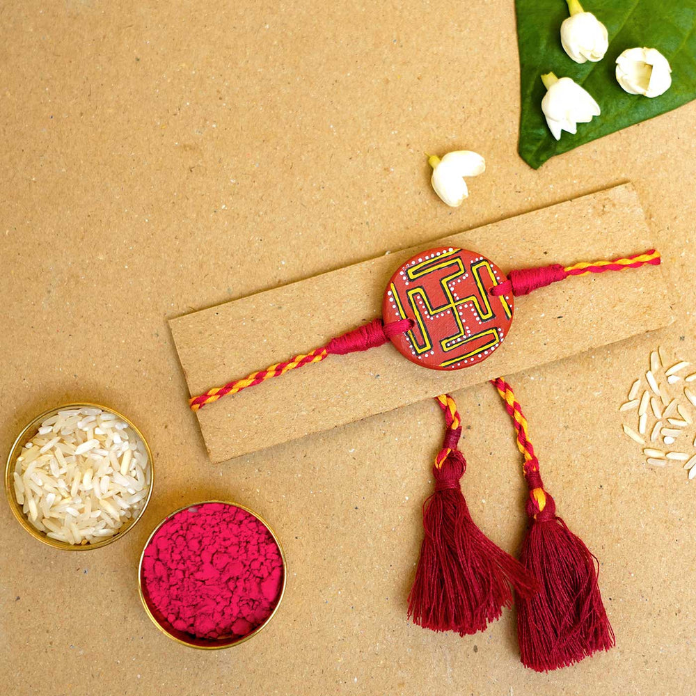 Hand Painted Swastik Terracotta Rakhi With Roli Chawal - Rakhi on Card with Rice and Kumkum