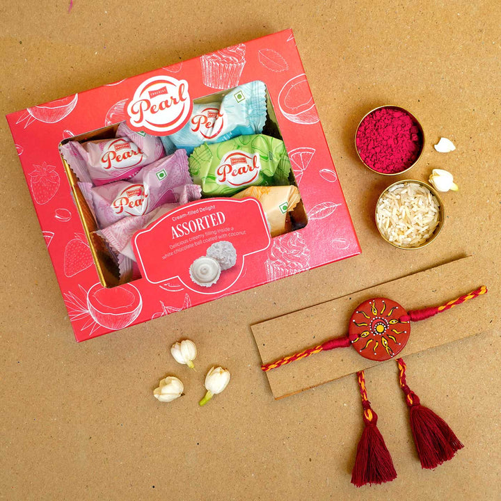Hand Painted Suraj Chanda Terracotta Rakhi With Roli Chawal - Rakhi with gift box set