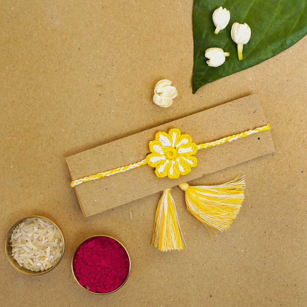 Handmade Crochet Sunflower Rakhi With Roli Chawal - Floral rakhi with traditional items