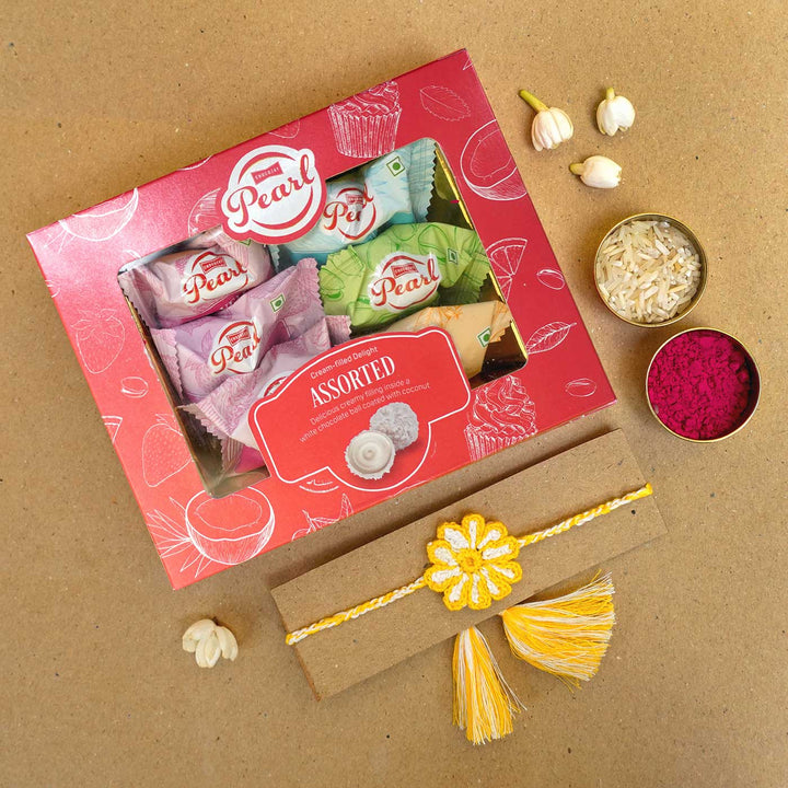 Handmade Crochet Sunflower Rakhi With Roli Chawal - Rakhi gift set with sweets and colors
