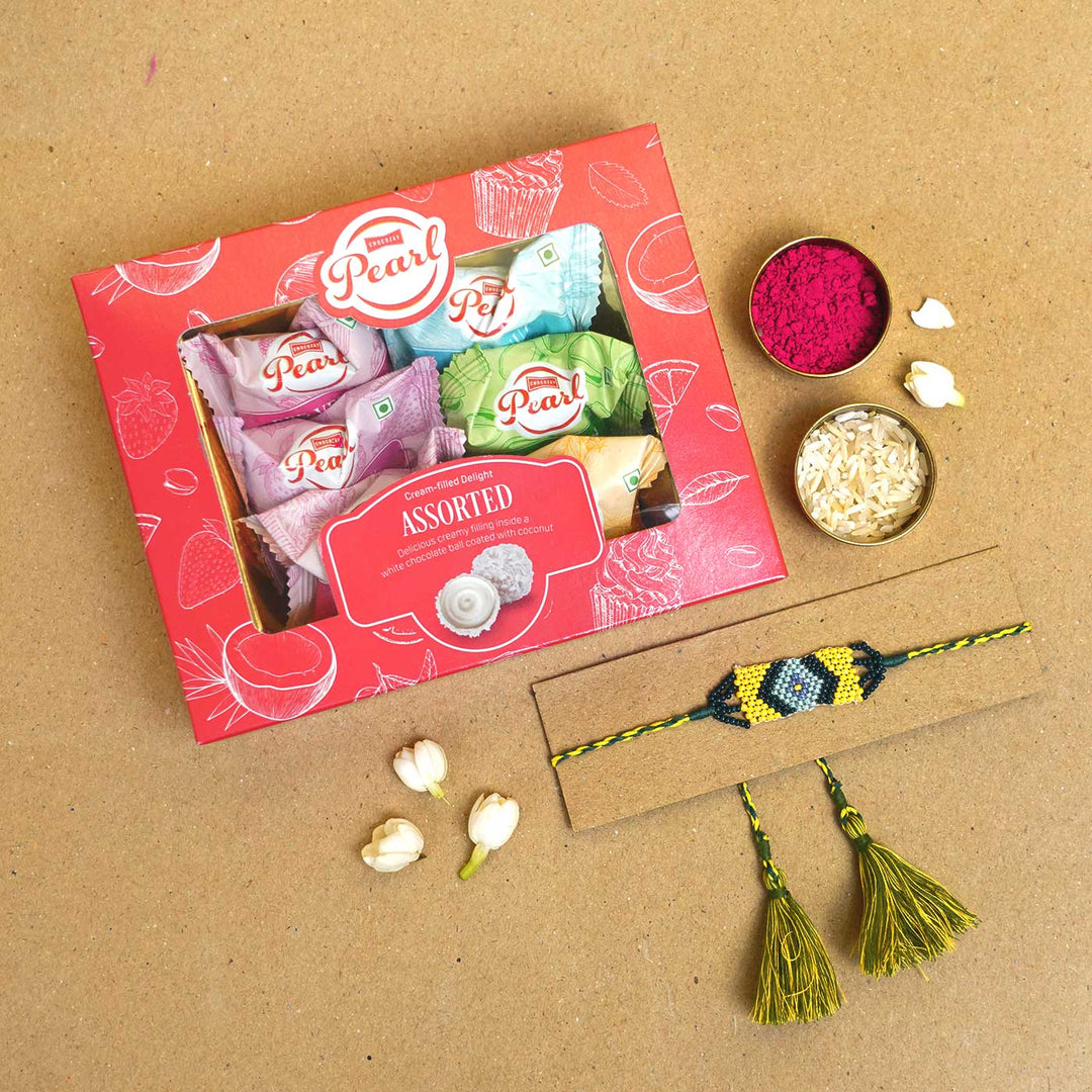 Handmade Beaded Traditional Grace Rakhi With Roli Chawal - Gift Set with Rakhi and Sweets